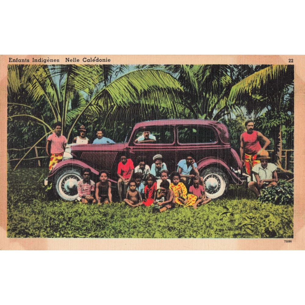 Vintage 1940's New Caledonia Children with Vintage Car Postcard Tropical Scene - Picture 1 of 2